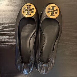 Tory Burch Black Leather Logo Ballet Flats with Gold Medallion